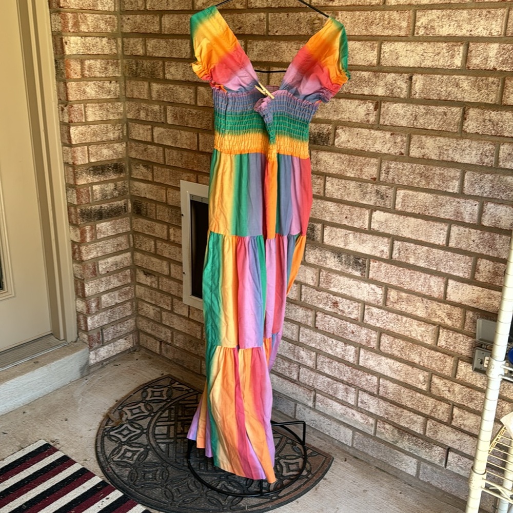 NOS Vintage Sz 14 Rainbow Dress Maxi USA Made Cotton Blend As Is Shoulde… - Picture 8 of 10
